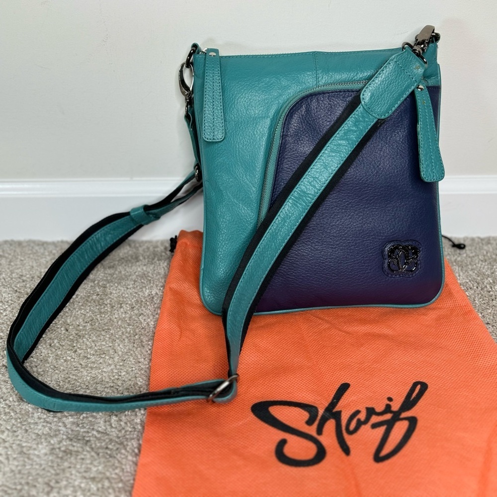 Sharif Teal Navy Leather Crossbody Bag w Dustbag